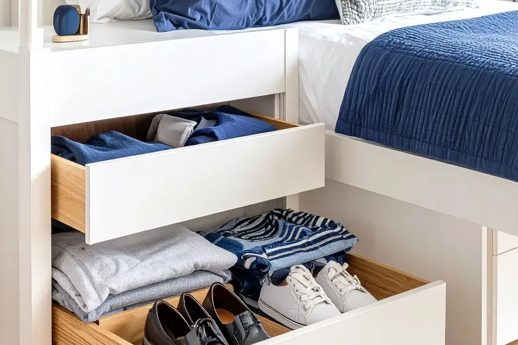 Rolling storage drawers under a bed holding folded bedding and shoes.