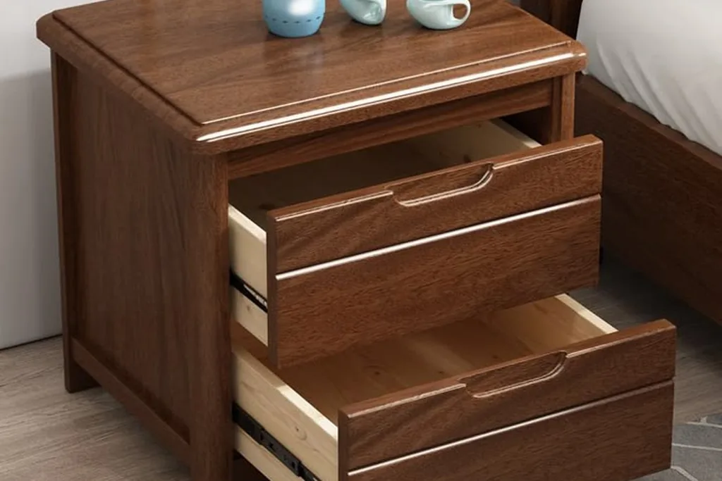 Bedroom nightstand with a closed drawer and a lower shelf holding a book.
