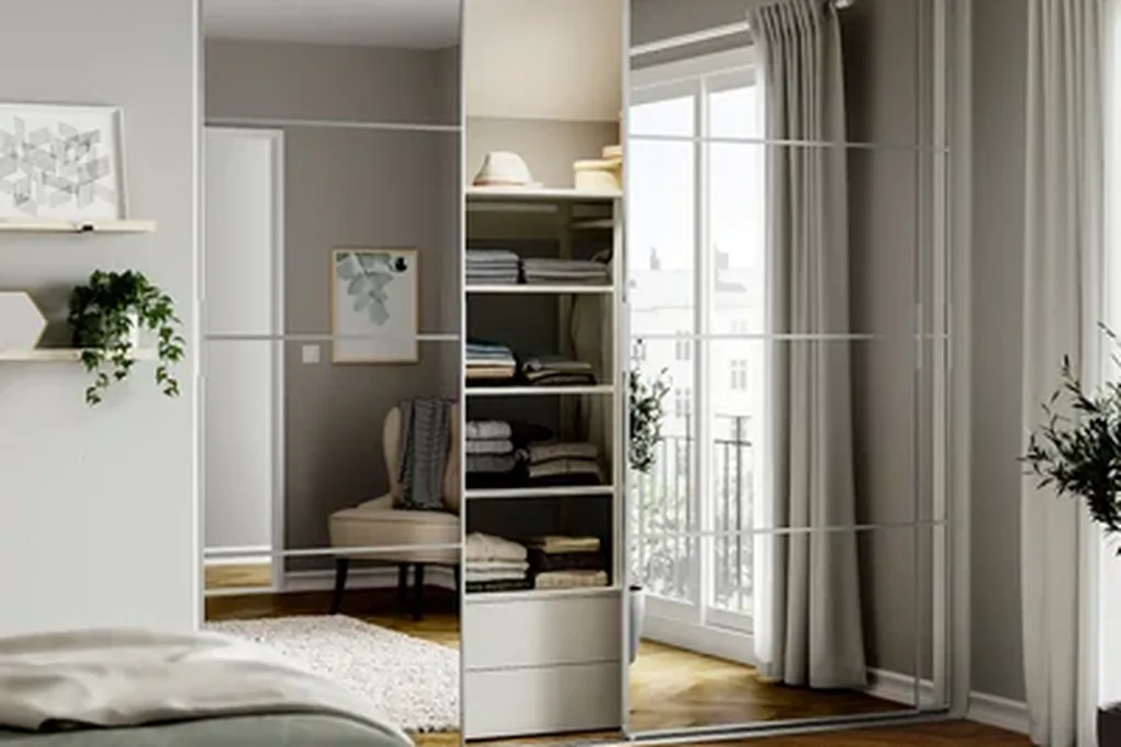 Floor to ceiling built in wardrobe with sliding doors in a bright bedroom.