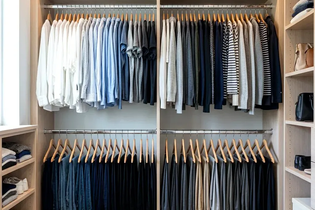 Bedroom closet with double hanging rails and folded clothes on shelves.