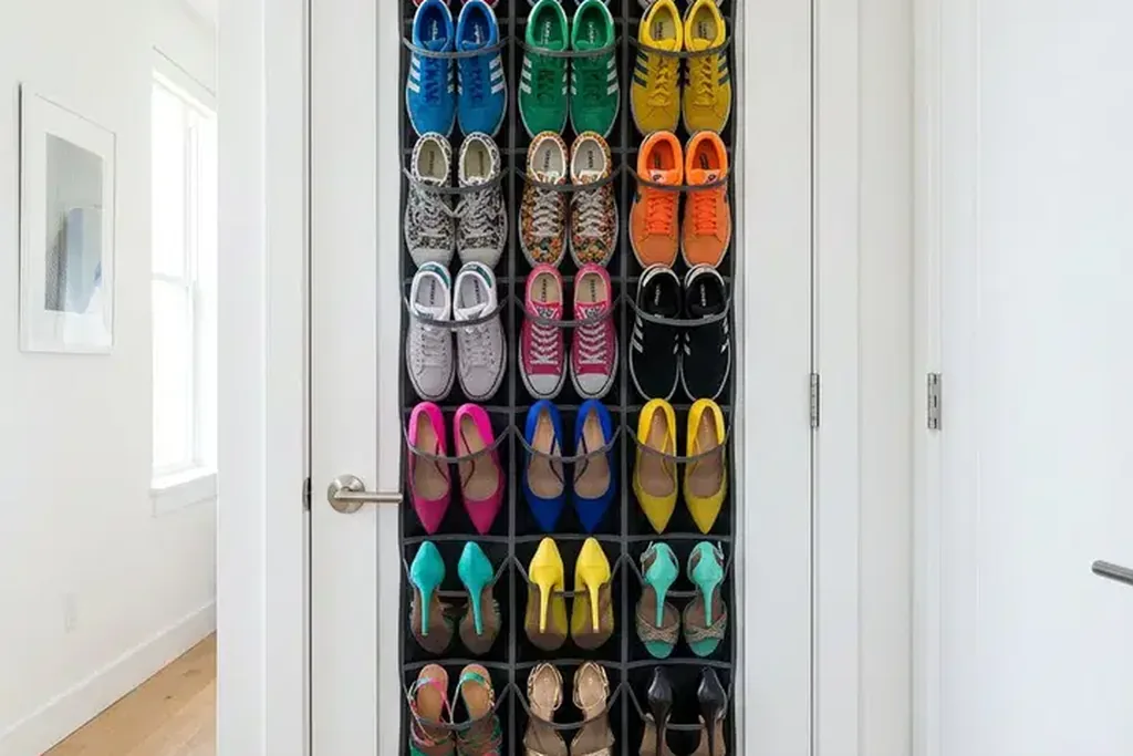 Door mounted shoe organizer with pairs of shoes stored in pockets.