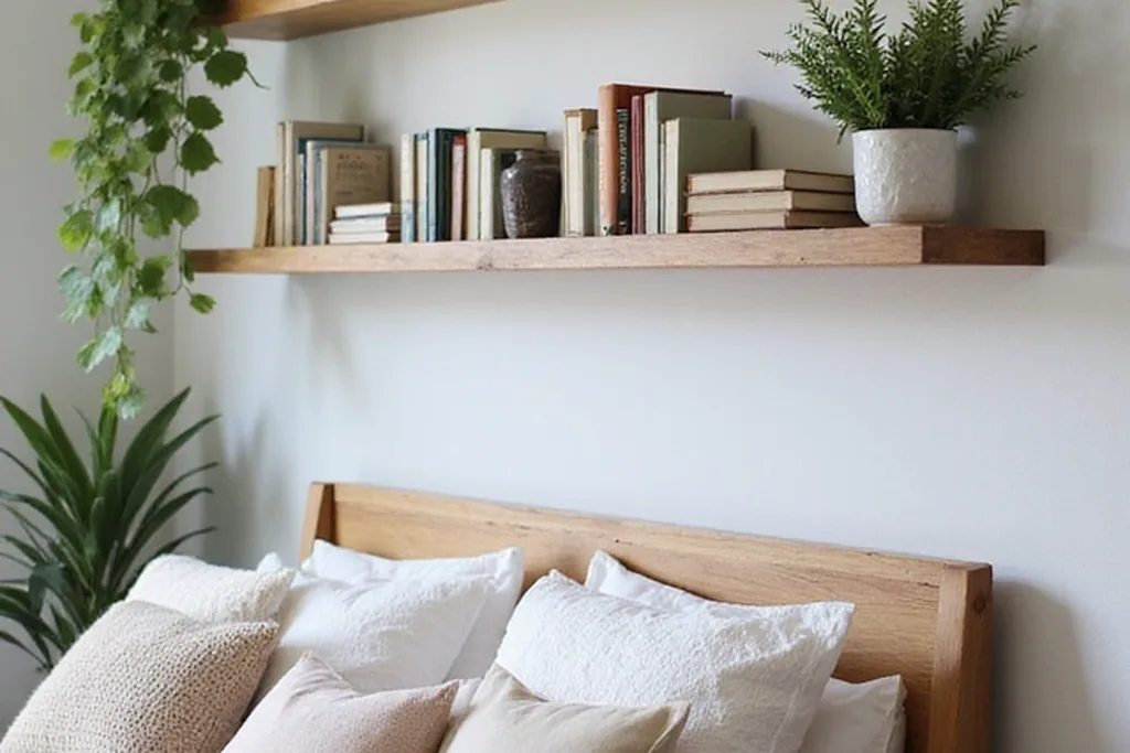 Floating shelves above a bed holding books and a small plant.