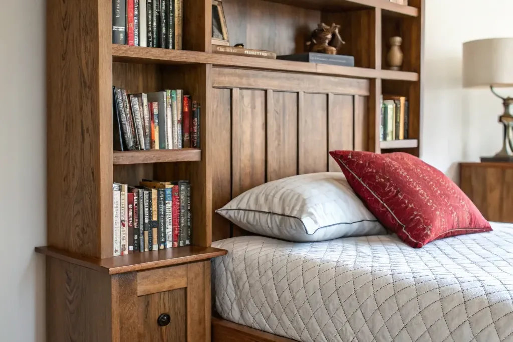 Bedroom headboard with built in shelves holding books and a lamp.