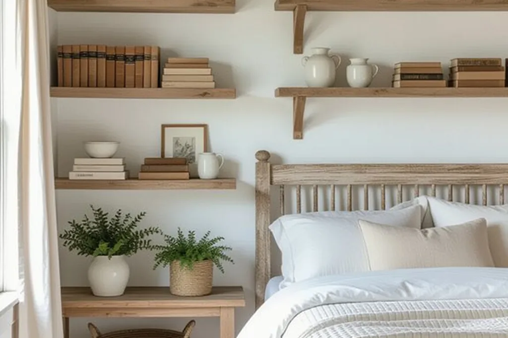 Matching woven baskets on open bedroom shelves holding folded items.