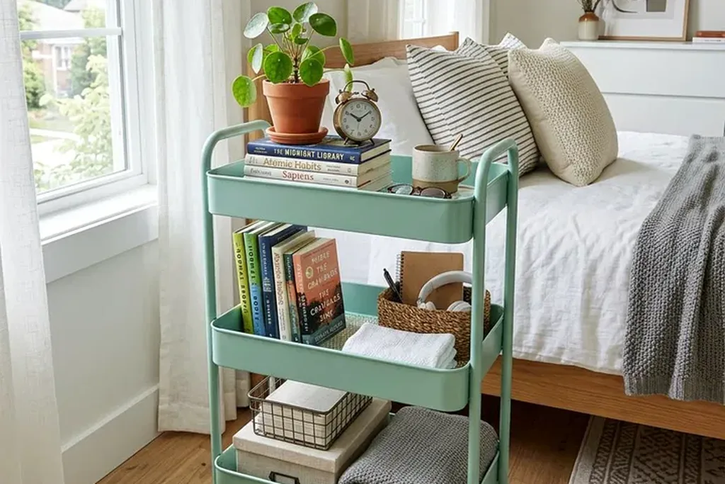 Slim rolling cart beside a bed holding books and skincare items.