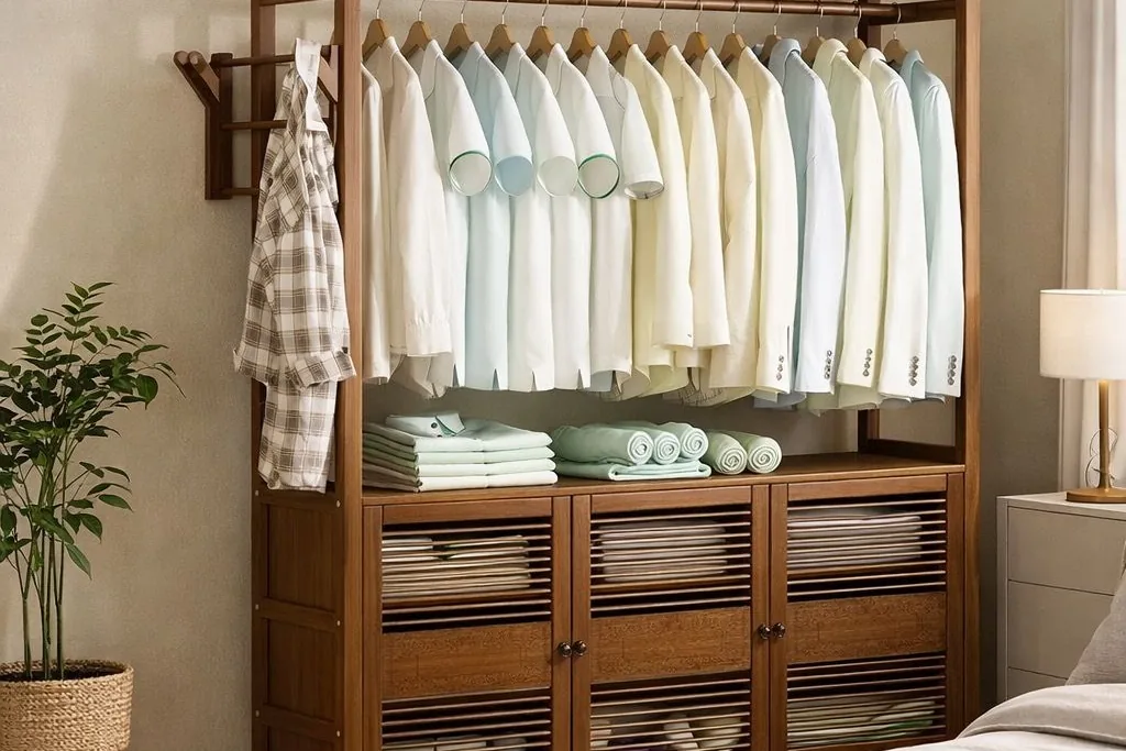 Freestanding wardrobe with hanging clothes, shelves and closed doors.