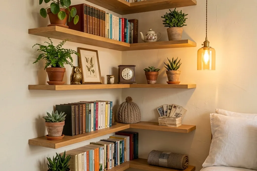 Corner shelves in a bedroom holding books, a plant and a small box.