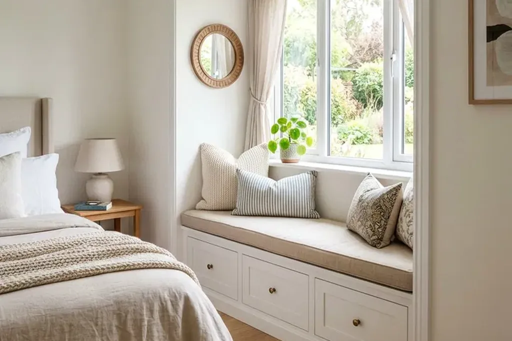 Bedroom window seat with storage drawers beneath and a cushion on top.