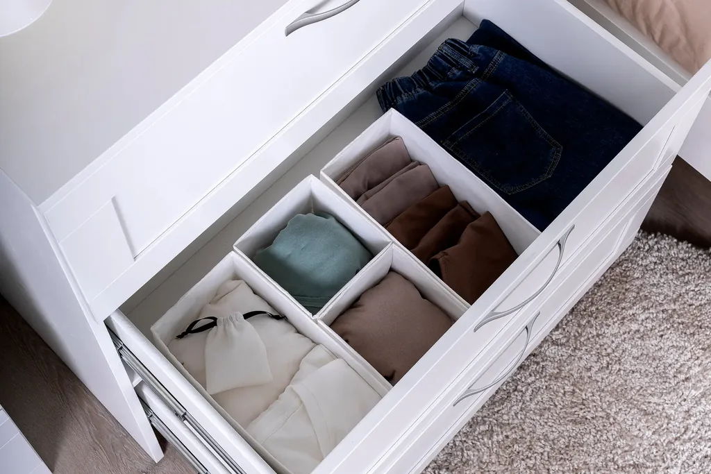 Dresser drawer with dividers holding folded clothes filed upright.