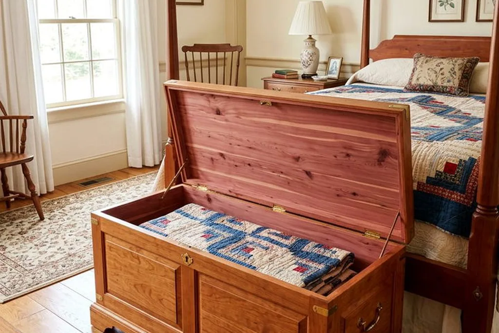 Blanket chest at the foot of a bed, open to show folded quilts inside.