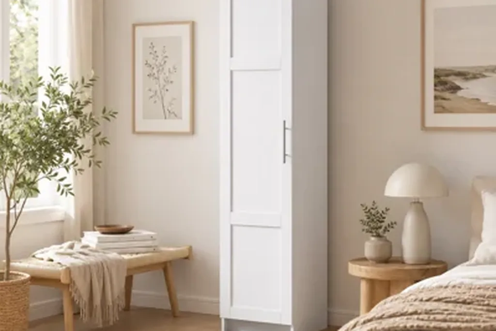 Tall narrow cabinet with closed doors between a bed and a bedroom wall.