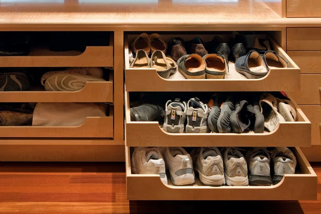 Shoe cabinet by a bedroom door with drawers holding pairs of shoes.