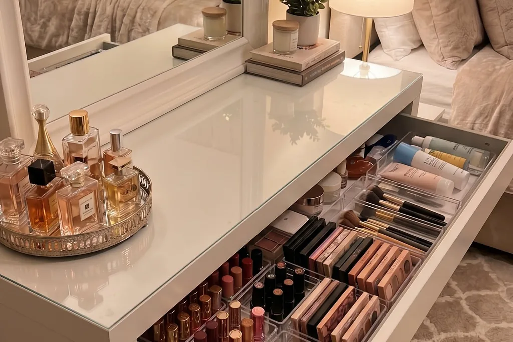 Bedroom vanity with drawers, a mirror and trays holding skincare items.