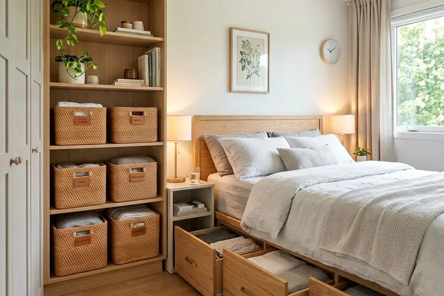Bright tidy bedroom with a storage bed, a bench at the foot of the bed, a wardrobe and woven baskets on shelves.