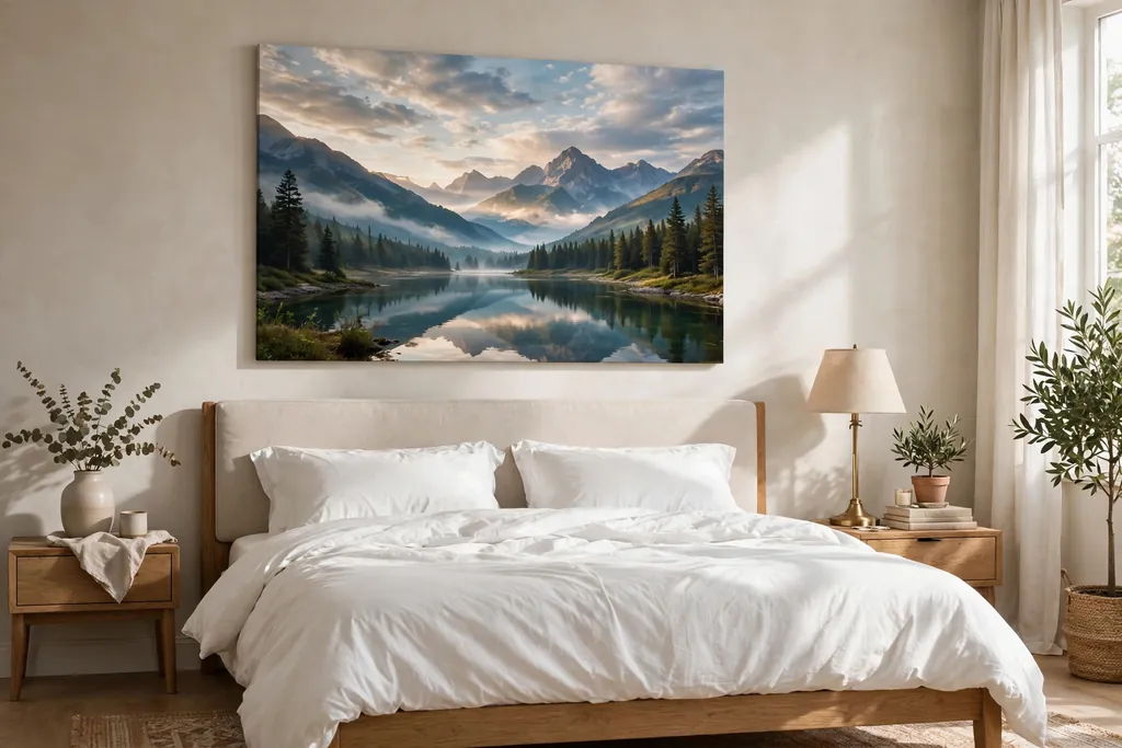 Oversized landscape canvas print hanging above a bed with white bedding.