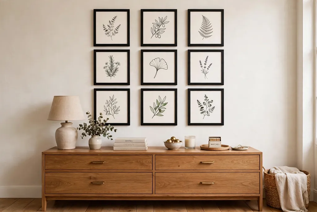Grid of nine matching framed prints in black frames above a bedroom dresser.