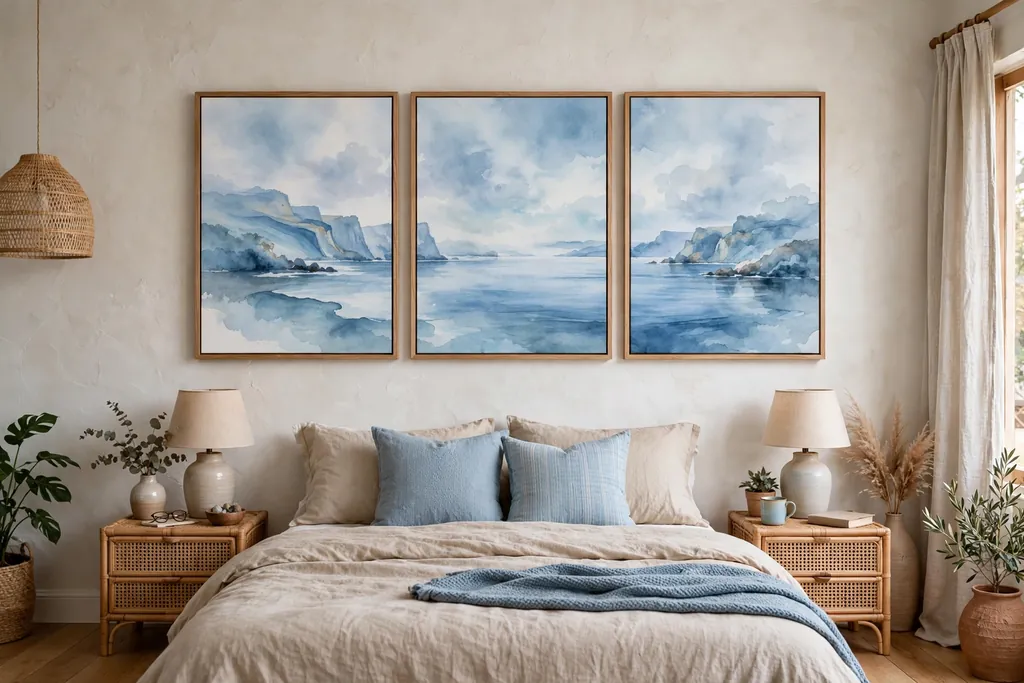 Three panel triptych art in soft blue tones hanging above a bed.