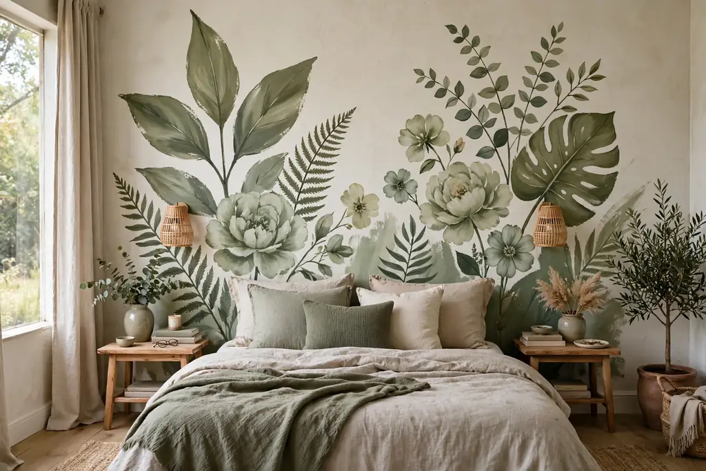 Botanical mural of large leaves and flowers on the wall behind a bed.