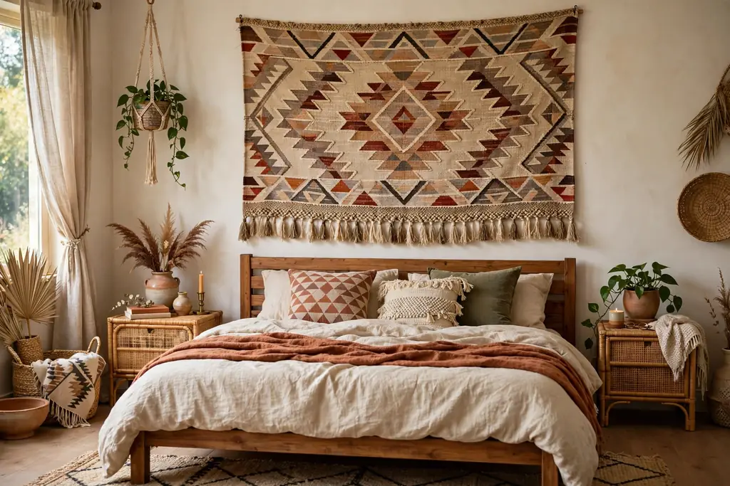 Woven tapestry with a geometric pattern hanging above a wooden bed.