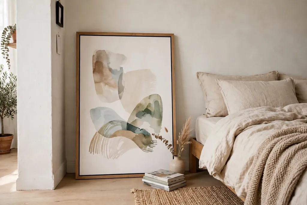Large framed art print leaning against a bedroom wall beside a bed.