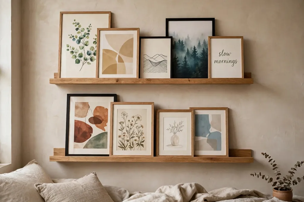 Wooden picture ledges holding layered framed art prints on a bedroom wall.