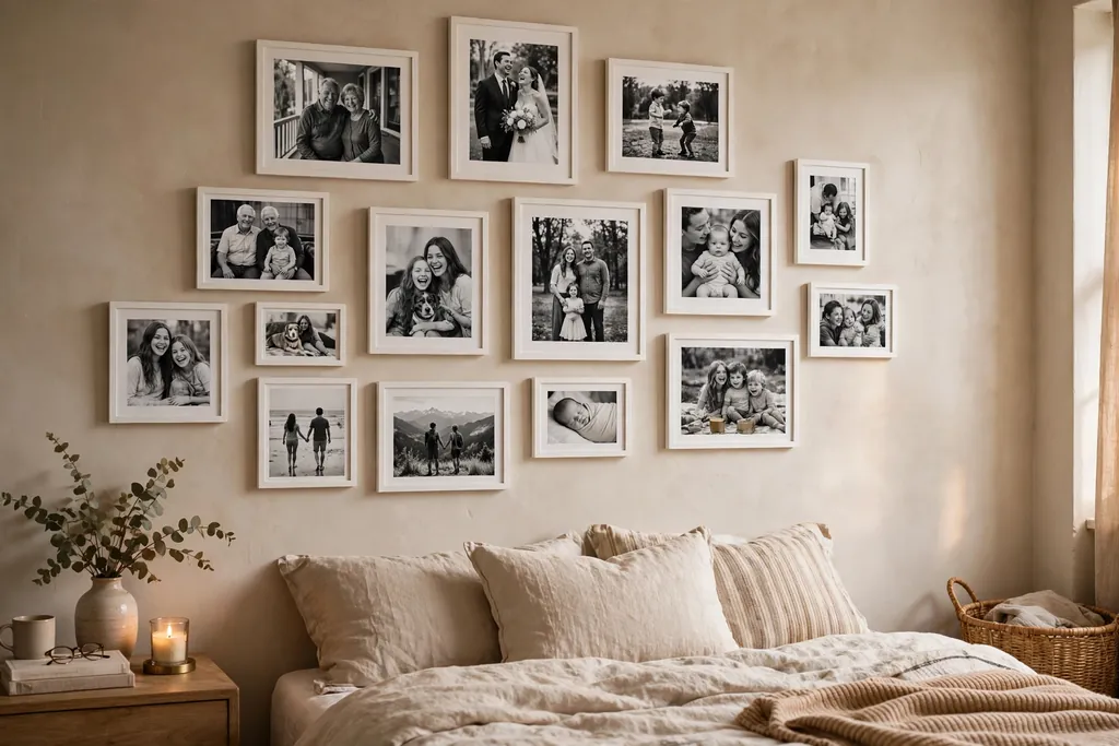 Black and white family photographs in white frames arranged as a bedroom gallery wall.