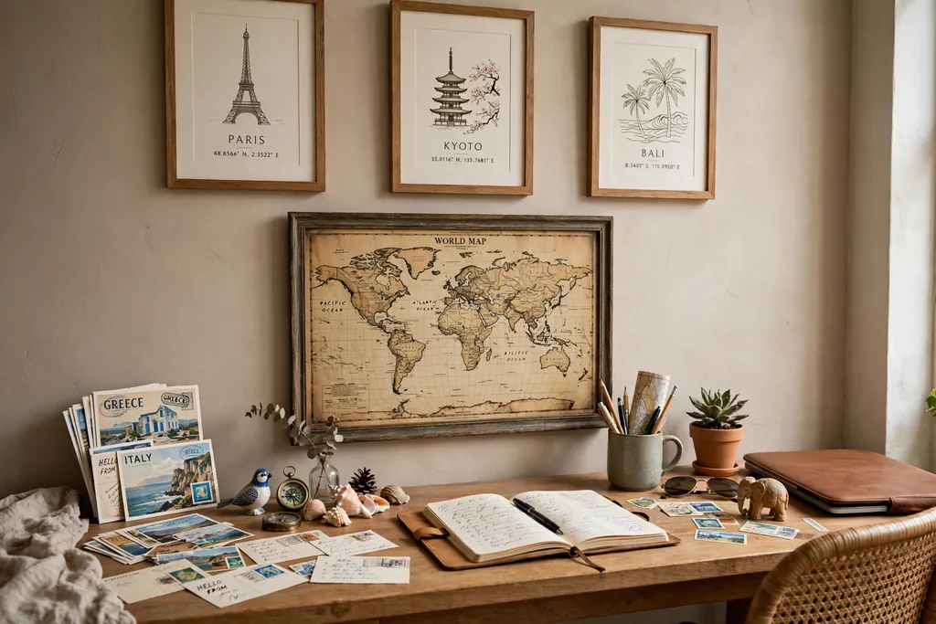 Framed travel prints and a vintage world map above a bedroom desk.
