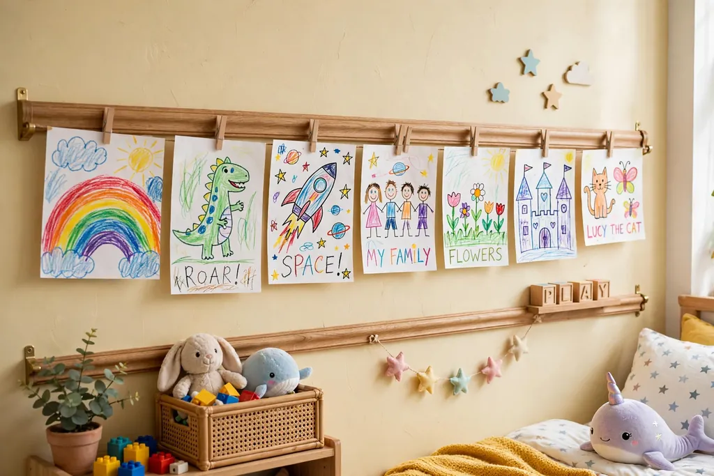 Children's drawings clipped to a wooden display rail on a bedroom wall.