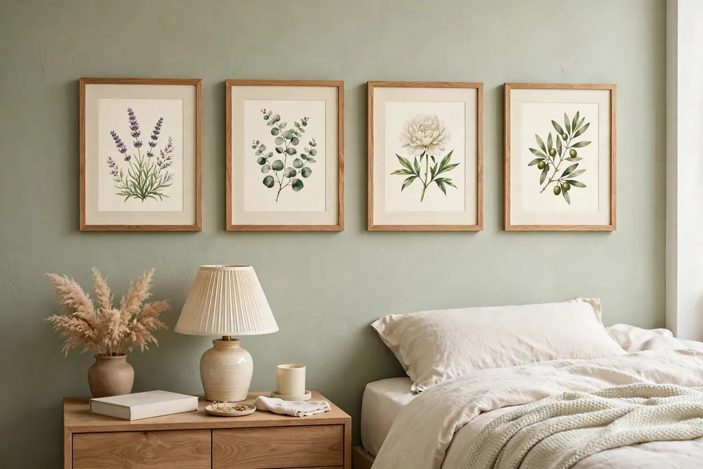 Row of four framed botanical flower prints above a bedside table.