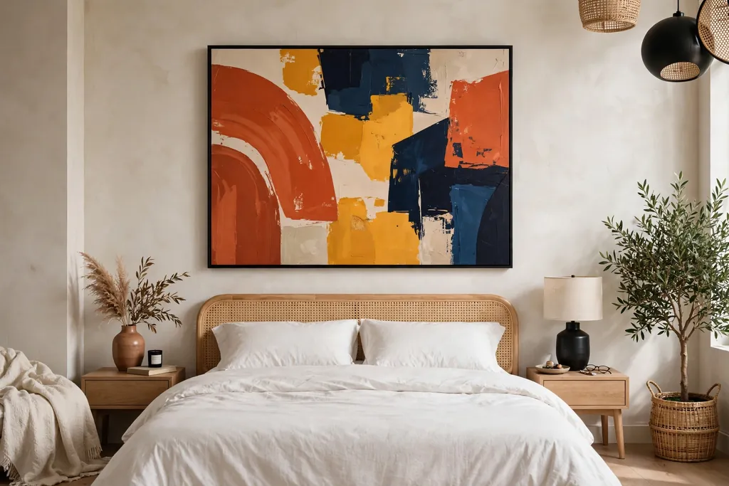 Bold abstract painting in terracotta, mustard, and navy above a bed.