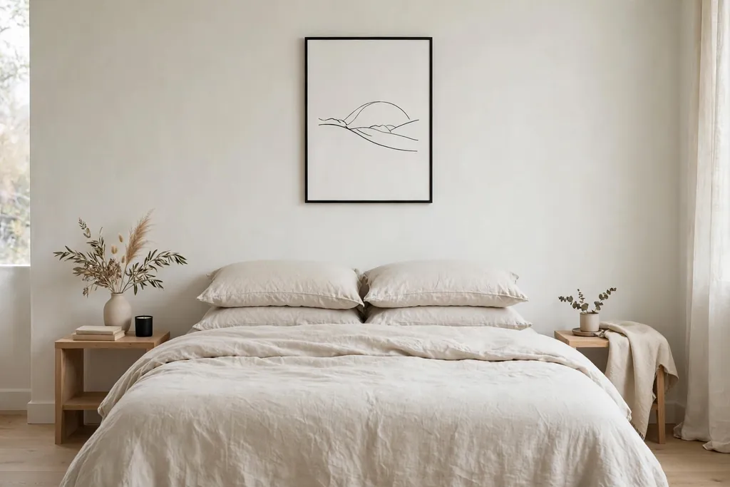 Single thin framed line drawing above a bed in a minimalist bedroom.