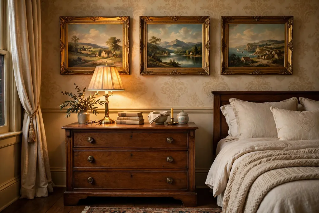 Vintage landscape paintings in gold frames above a wooden dresser.