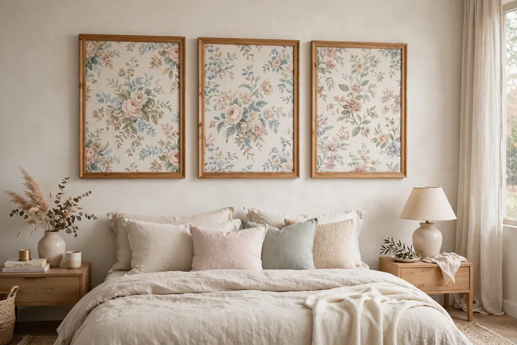 Framed panels of patterned floral fabric hanging above a bed.