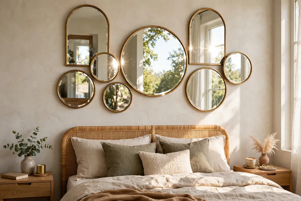Round and arched mirrors in brass frames arranged as bedroom wall art.