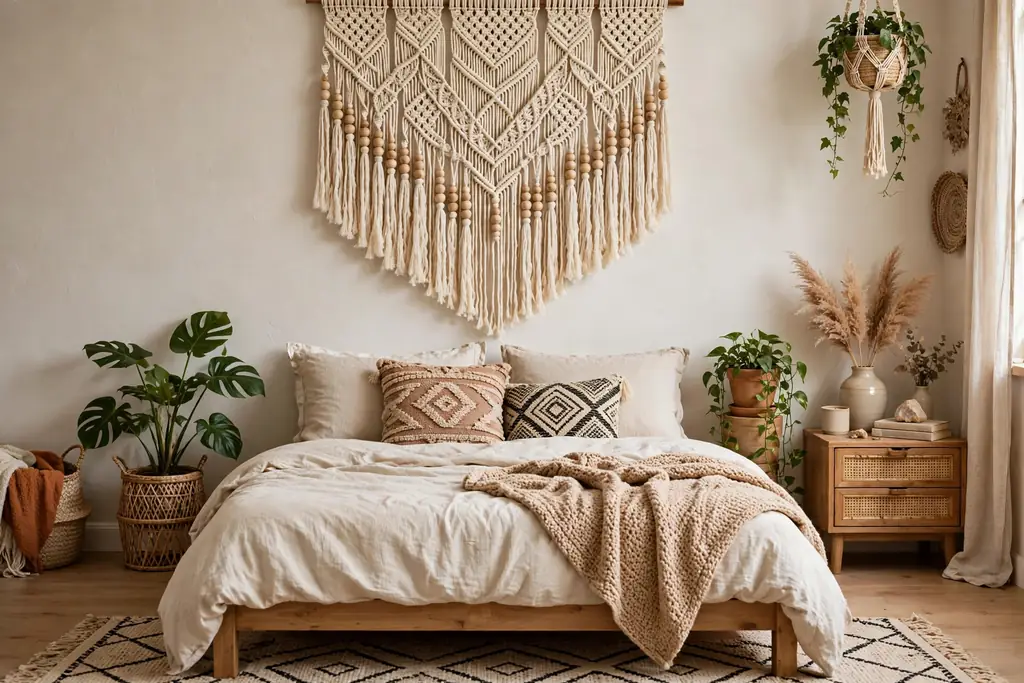 Cream macrame wall hanging with fringe above a bed.