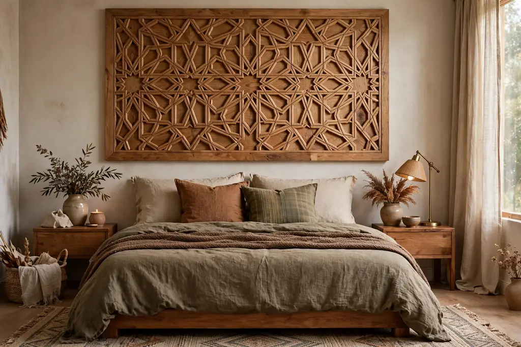 Carved wooden panel art with a geometric pattern above a bed.