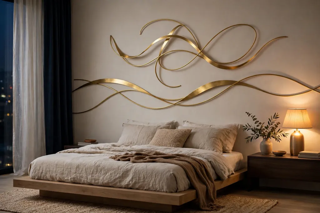 Gold metal wall sculpture with flowing curved lines above a low bed.