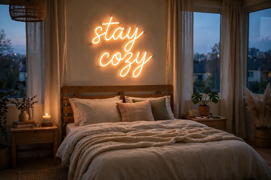 Warm glowing neon word sign mounted on a bedroom wall above a bed.