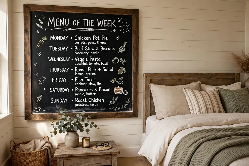 Large framed chalkboard with handwritten notes on a bedroom wall.