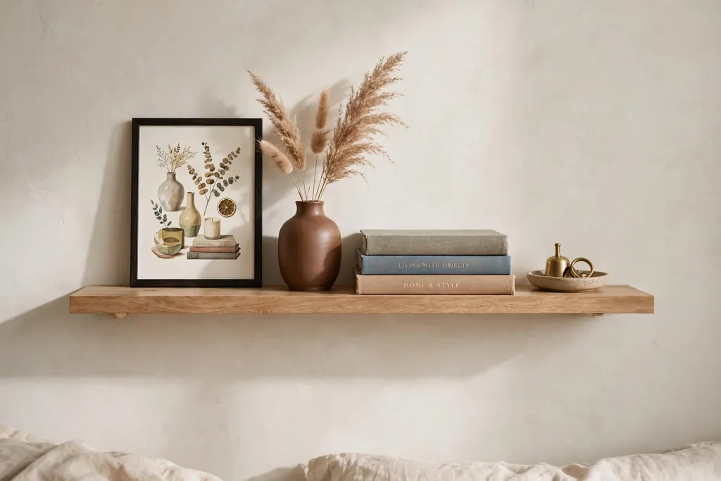 Floating shelf holding a framed art print, a vase, and books.