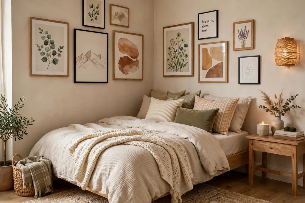 Framed art prints wrapping around a bedroom corner above a bed.