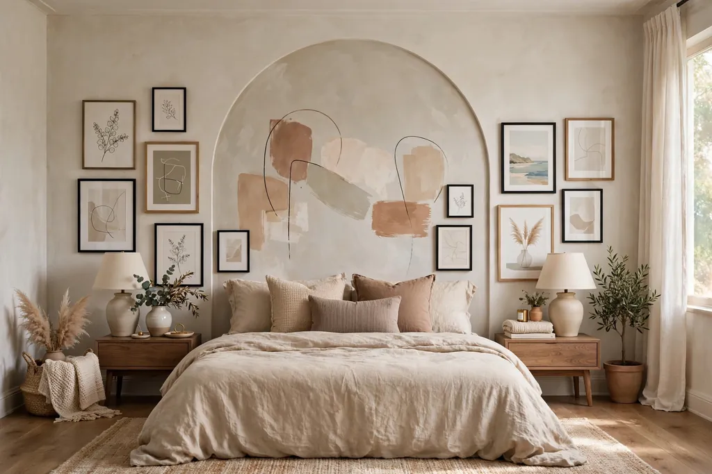 Painted art panel and framed prints arranged as a headboard behind a bed.