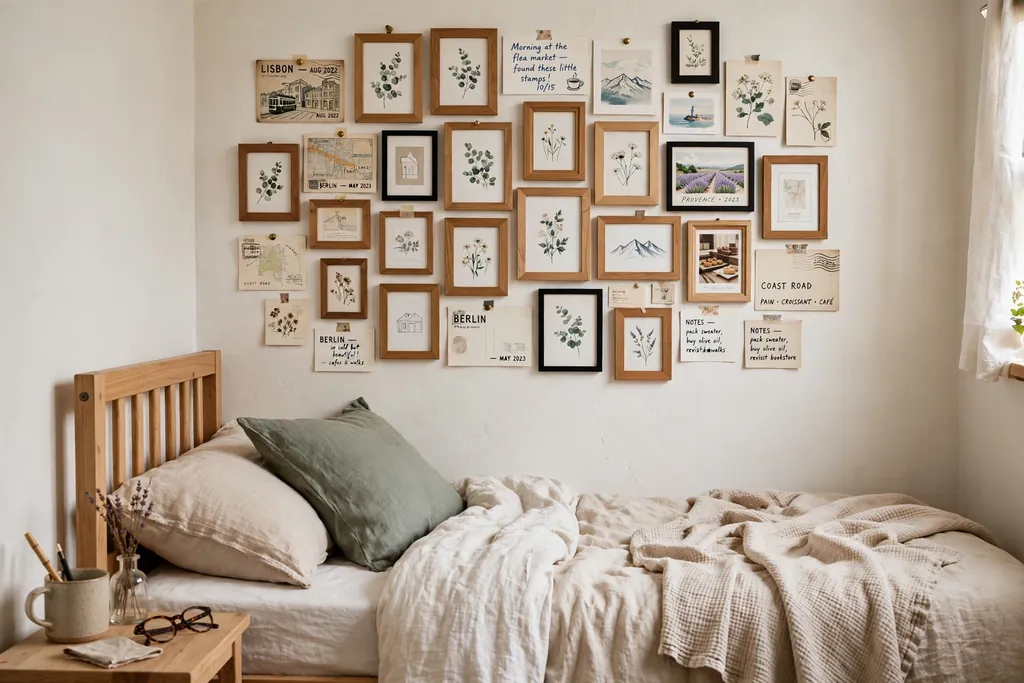 Tight cluster of tiny framed art prints above a narrow bed.