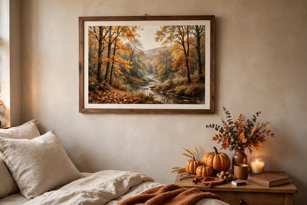 Large framed autumn landscape print on a bedroom wall.