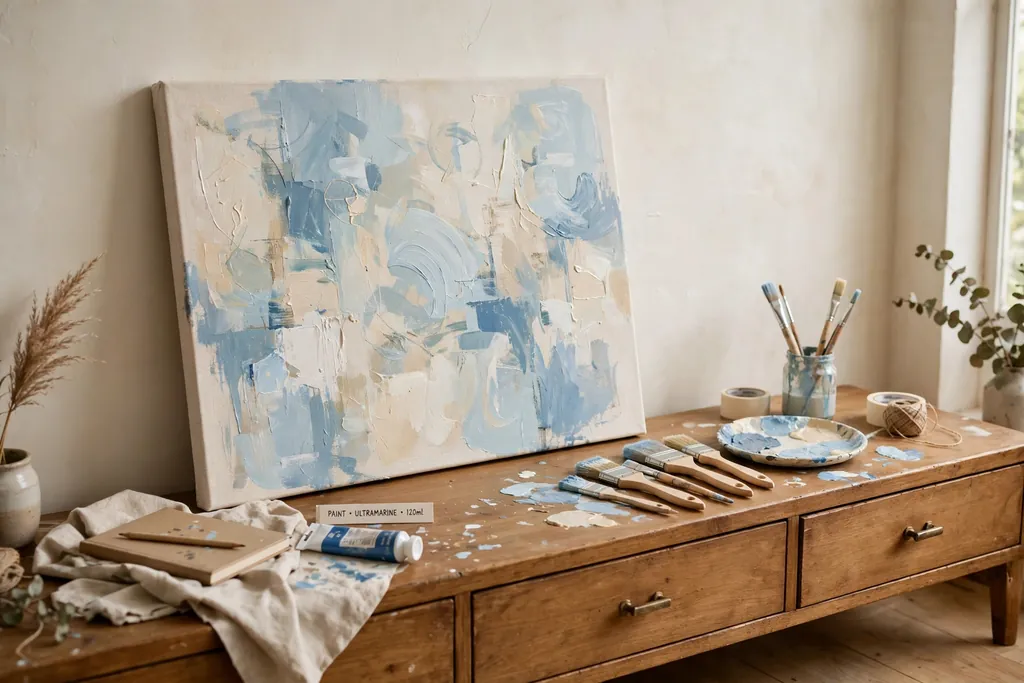 Handmade painted abstract canvas in soft blues and cream beside paint brushes.