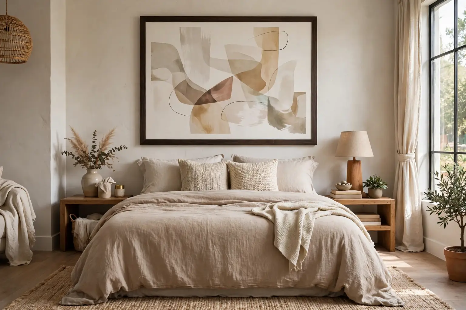 Wide bedroom with a large framed abstract art print above the bed and neutral bedding.