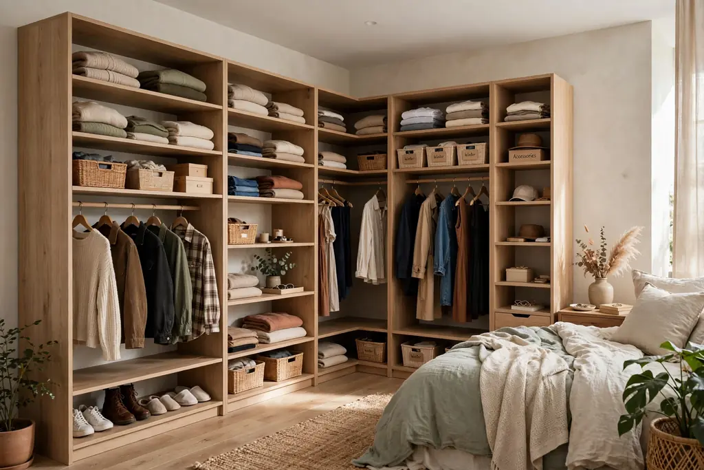 L-shaped bedroom wardrobe wrapping around a corner with hanging clothes and shelves.