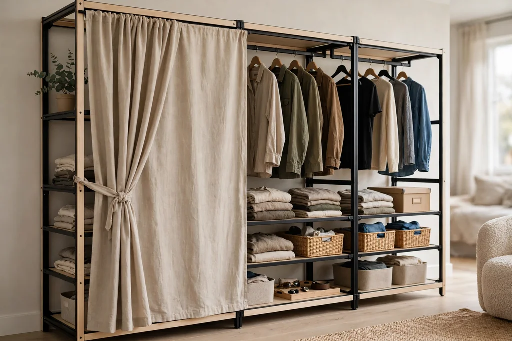 Modular bedroom wardrobe frame with a plain fabric curtain front and hanging clothes.
