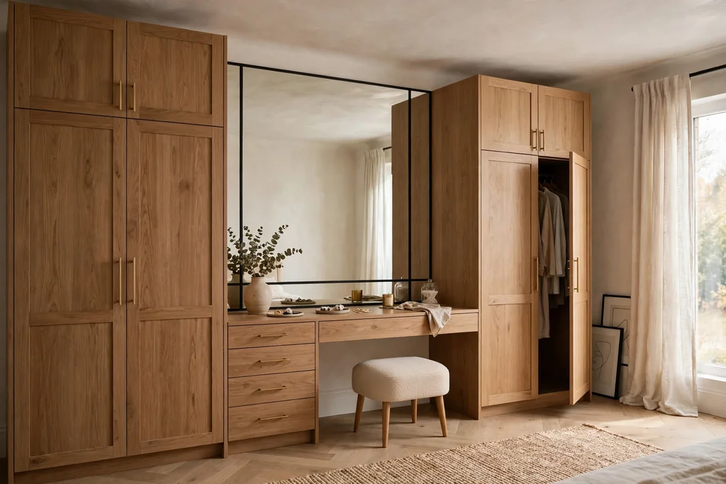 Bedroom wardrobe with a built-in dressing table, mirror and tucked-under stool.
