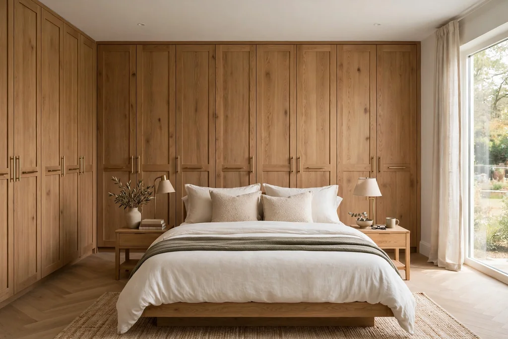 Bedroom with floor-to-ceiling fitted wardrobes along one full wall and a made bed.